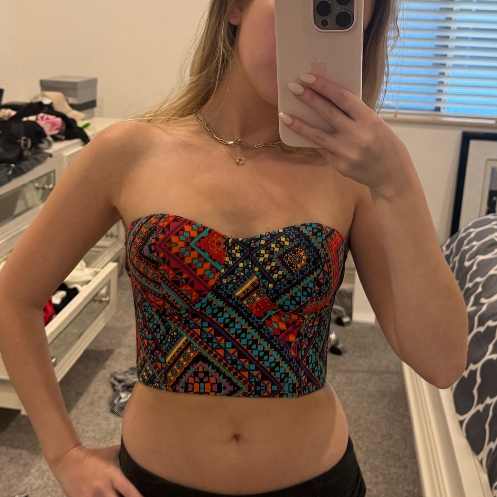 LF Mika & Gala Multi-colored Aztec print strapless crop top